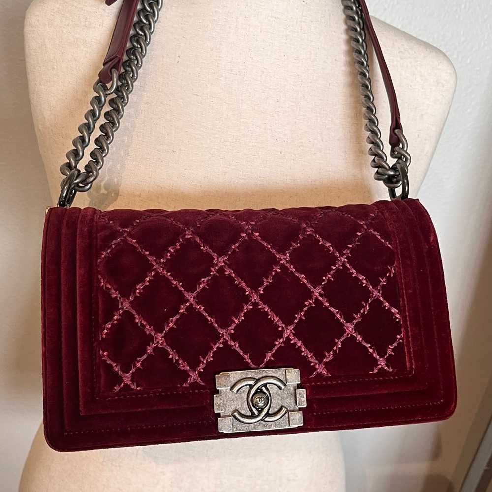 CHANEL  10” Velvet Boy bag - deep burgundy - Like New